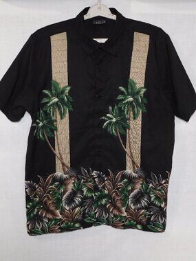 Black Tan Palm Tree Hawaiian Bowling Shirt Mens XL